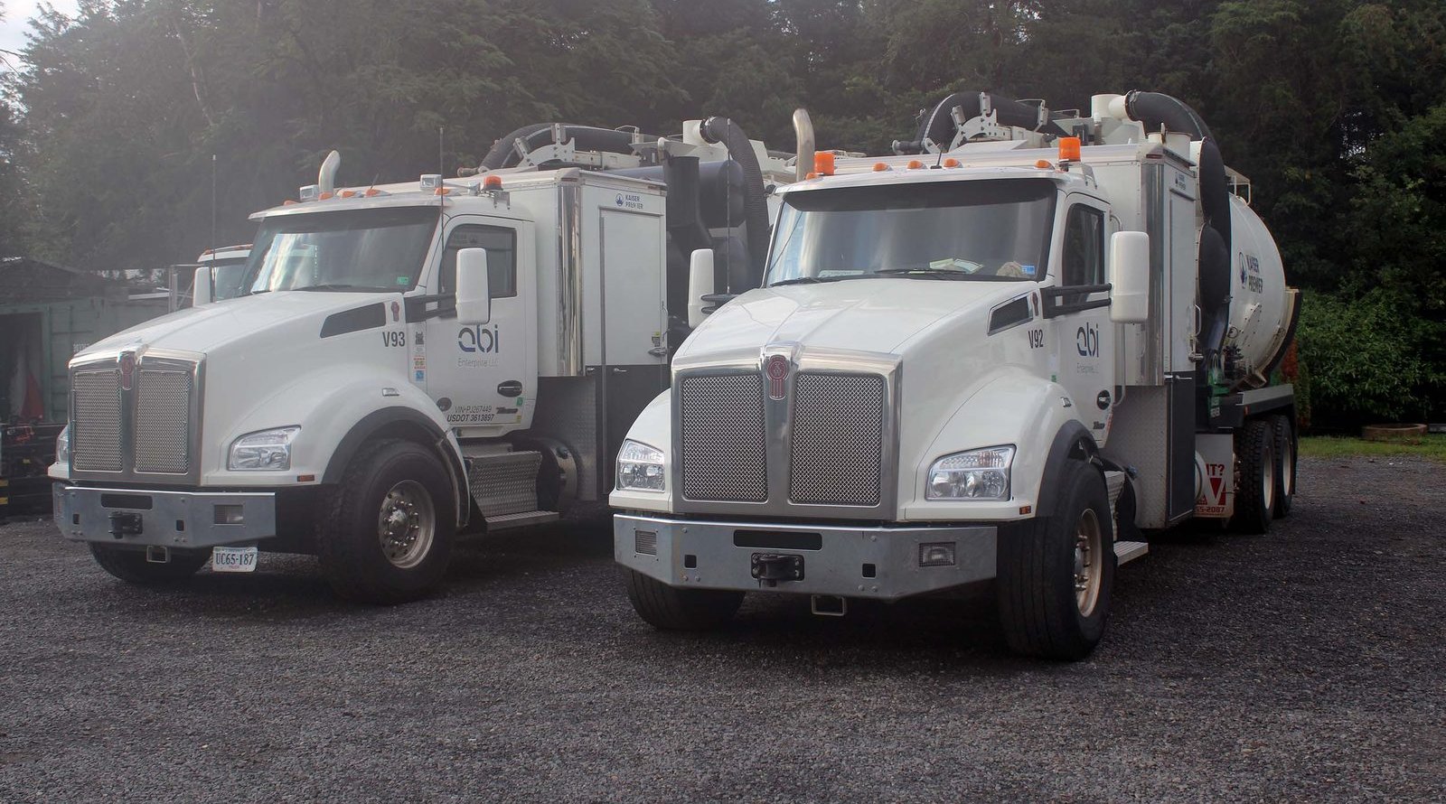 ABI’s two Kenworth T880 hydrovac units parked side by side on an overcast morning